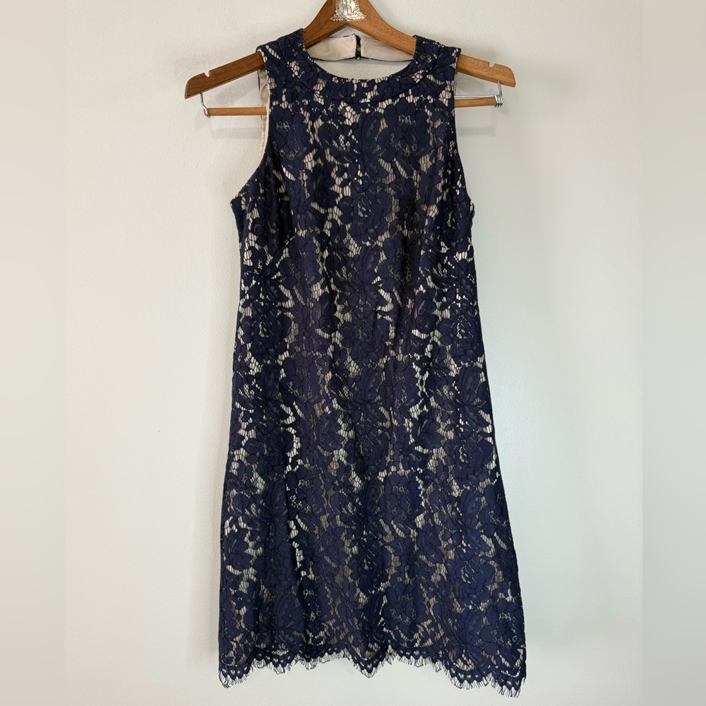 Vince Camuto Elegant Navy Lace Dress with neutral underlay in size 2
